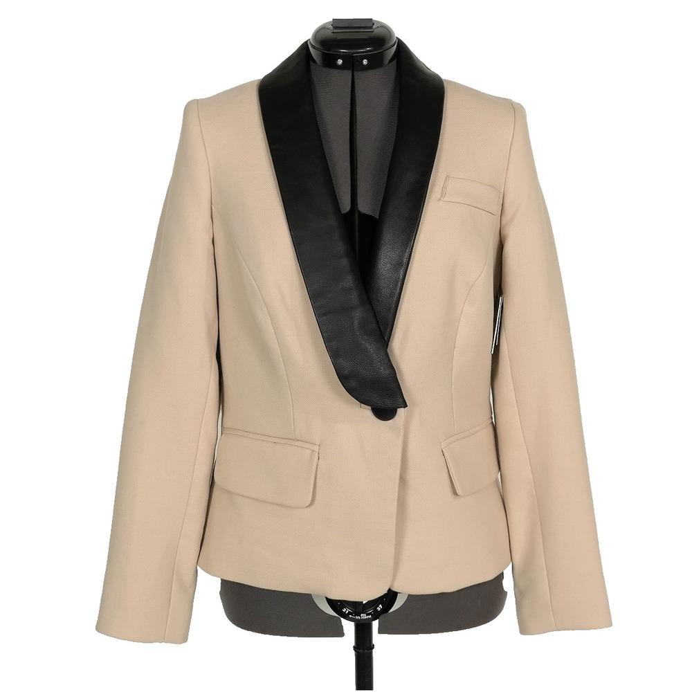 NEW Milly New York Wool & Lamb Leather Shawl Blazer Dinner Jacket Size 6 Beige - Picture 2 of 10